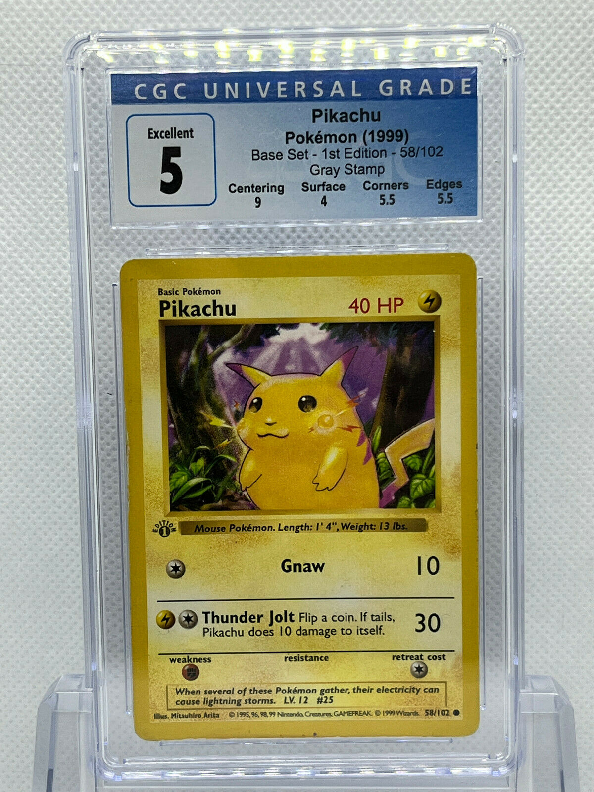 Pokémon 1999 Pikachu Base Set 1st Edition Gray Stamp CGC 5 EX 58/102