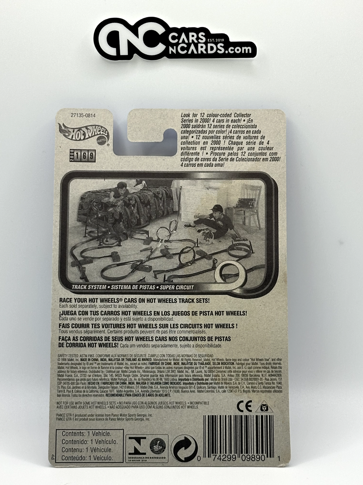 2000 Hot Wheels Panoz GTR-1 Blue International Card (Card Damage)