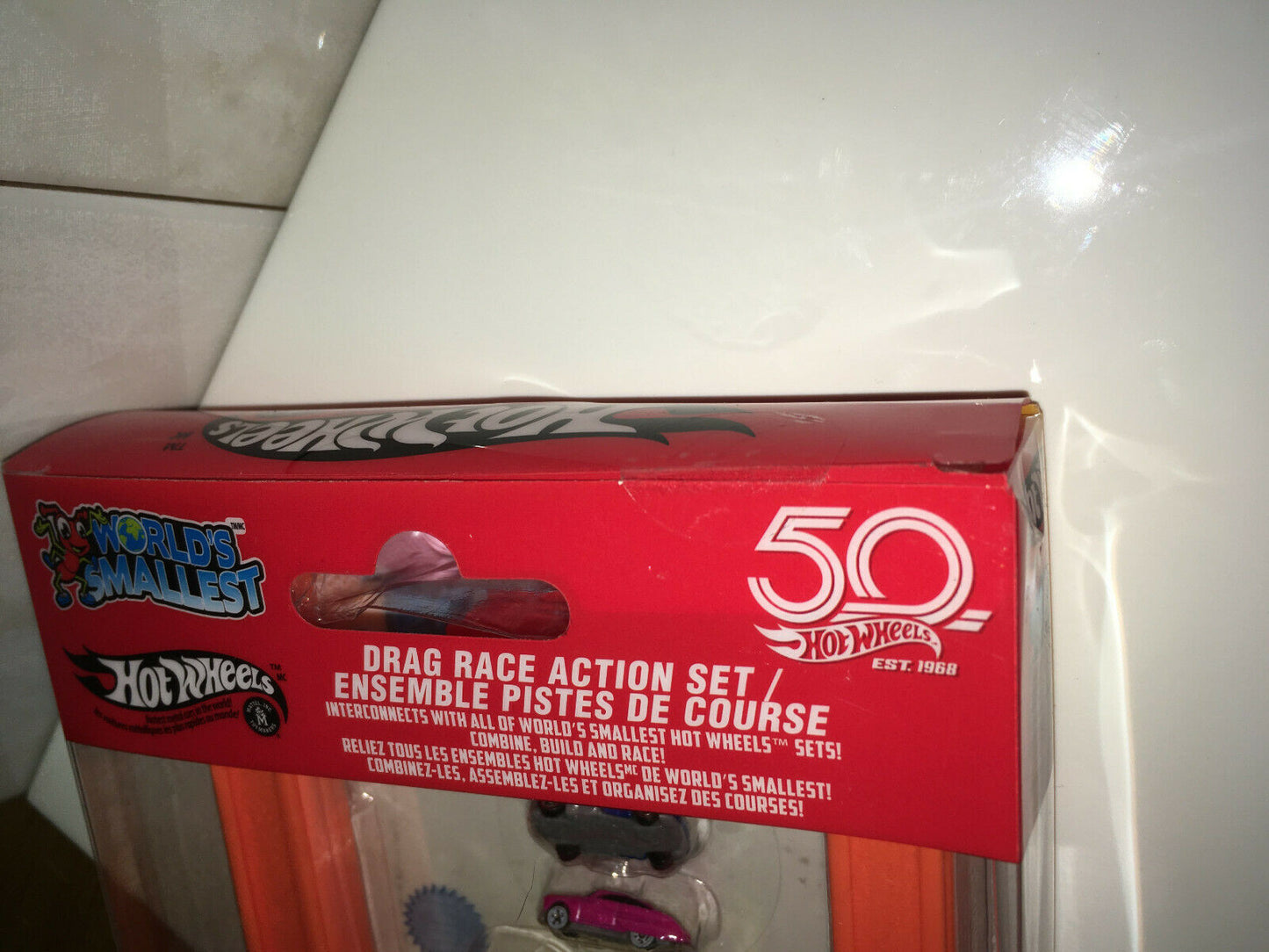 RARE ERROR World's Smallest Hot Wheels Drag Race Action Set NIP PACKAGING ERROR