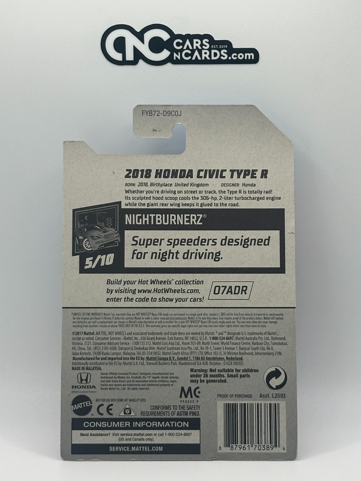 2019 Hot Wheels Nightburnerz 5/10 2018 Honda Civic Type R Red