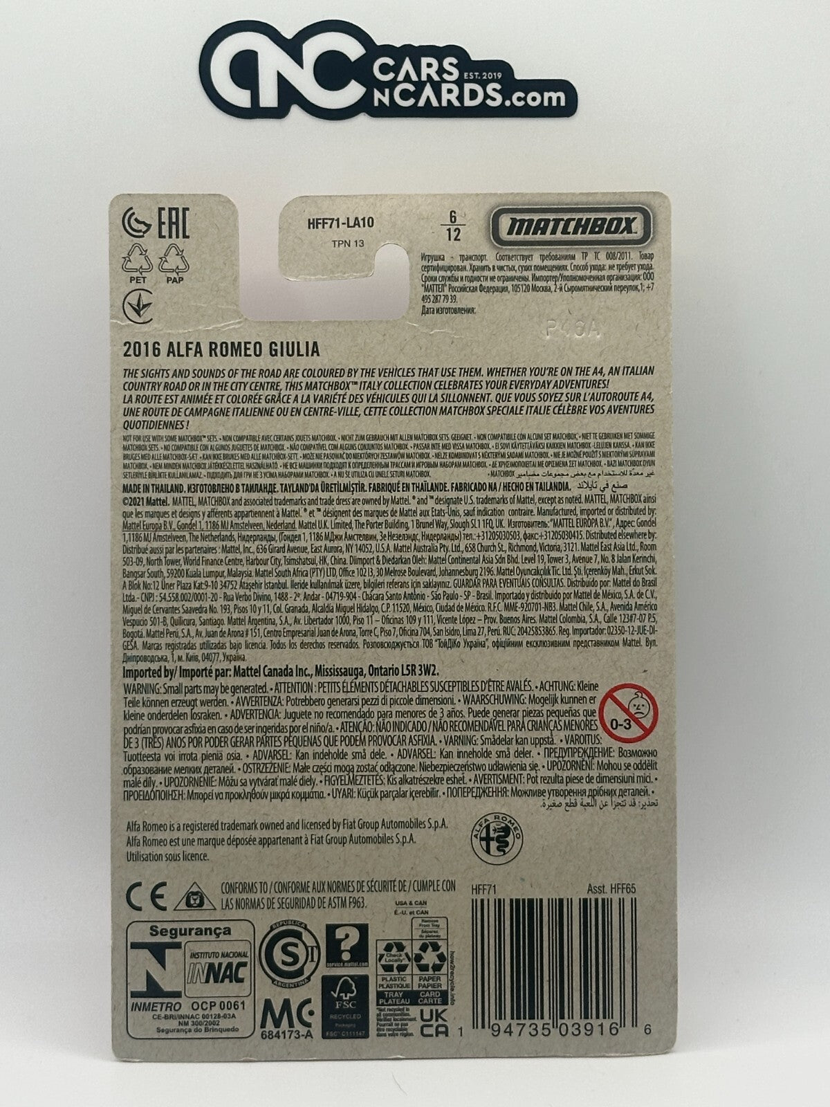 2021 Matchbox Italy Series 6/12 Alfa Romeo Giulia (Card Damage)