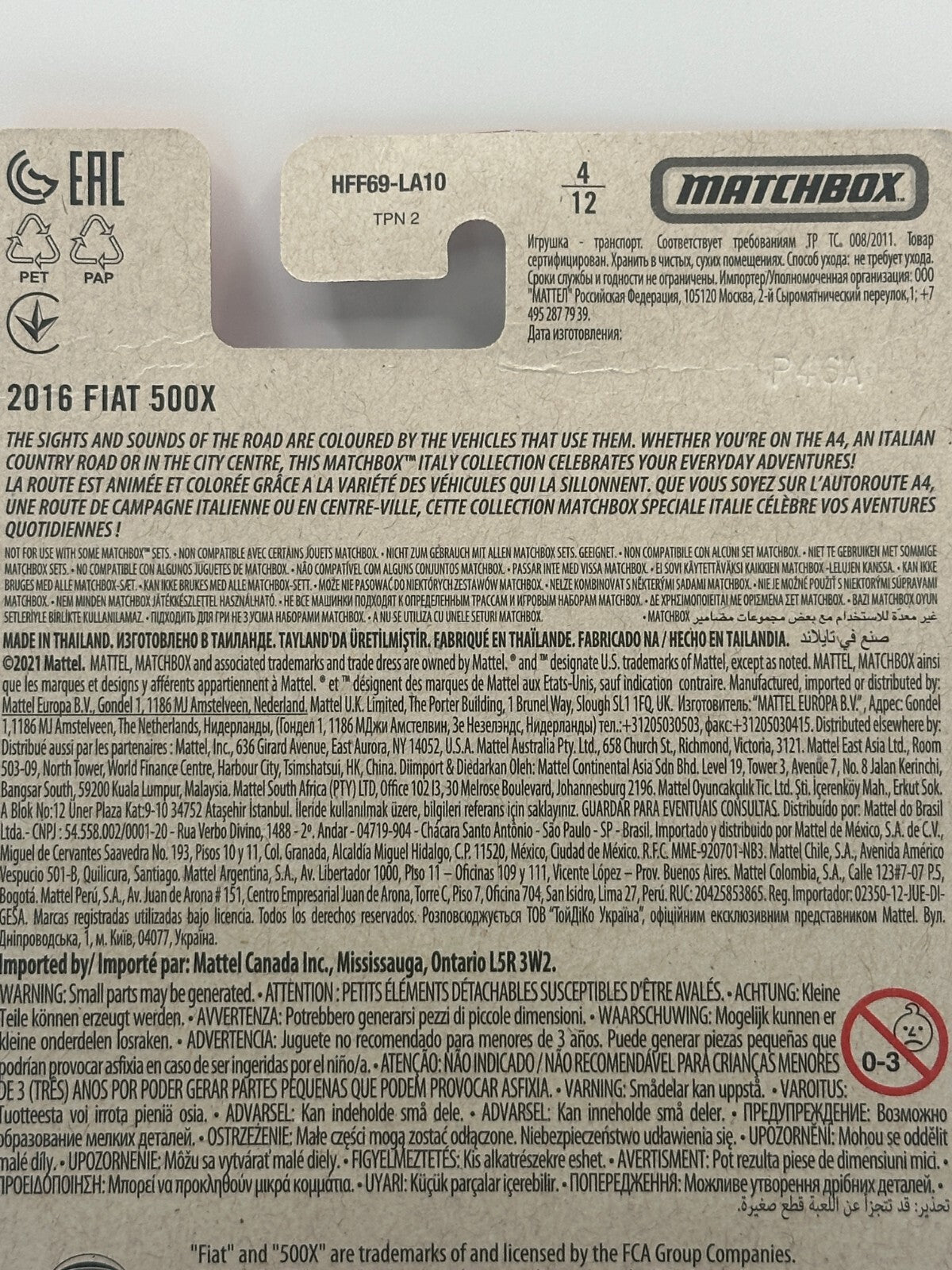 2021 Matchbox Italy Series 4/12 2016 Fiat 500X (Card Damage)