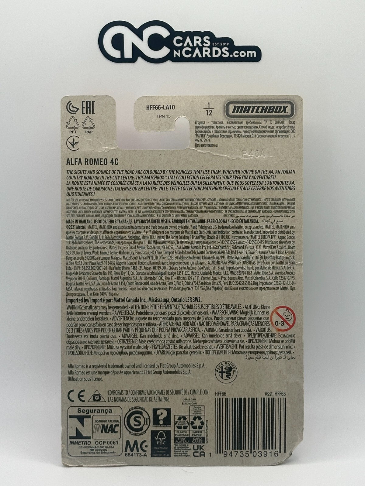 2021 Matchbox Italy Series 1/12 Alfa Romeo 4C (Card Damage)