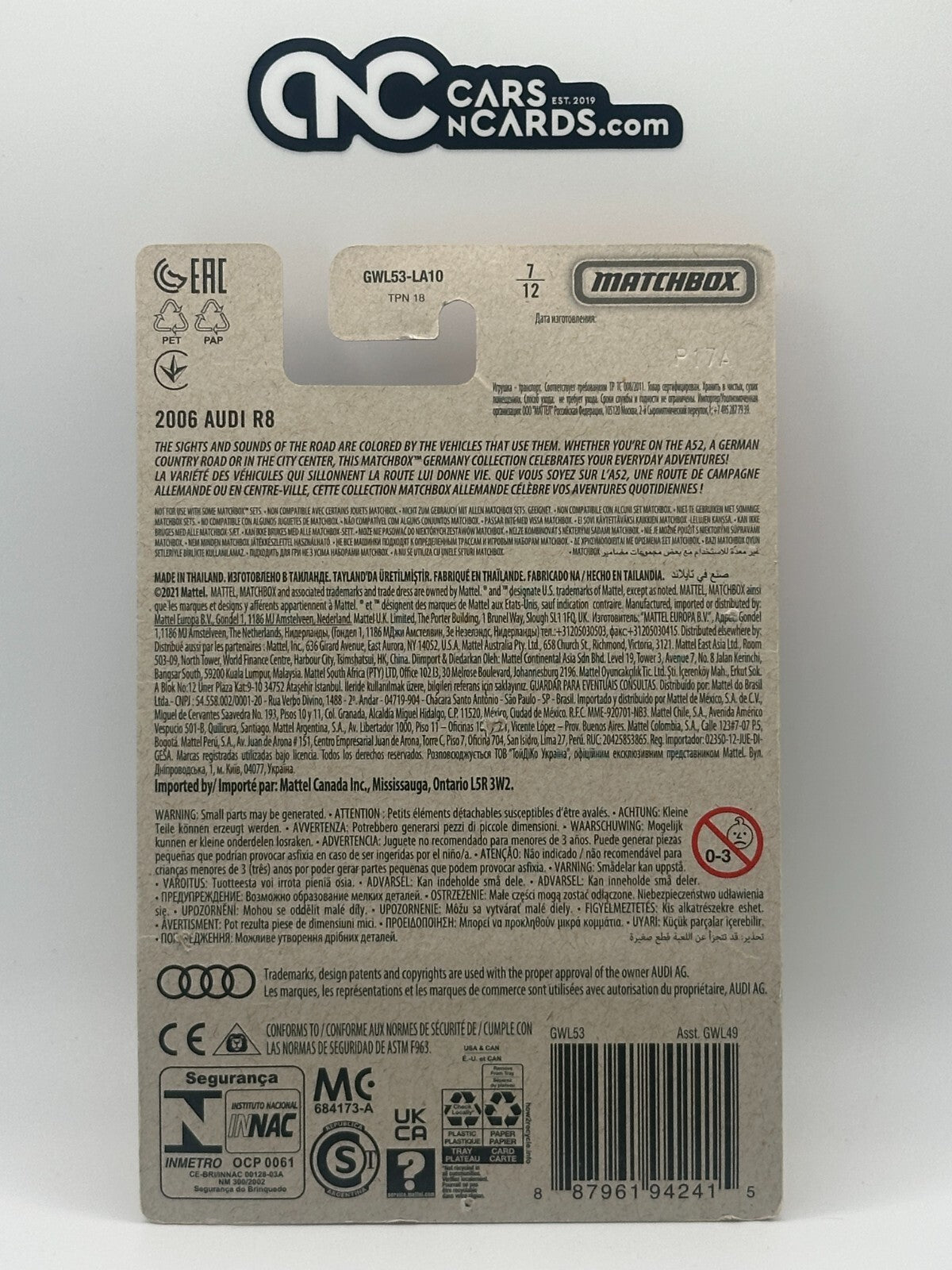 2022 Matchbox Germany 7/12 2006 Audi R8 (Card Damage)