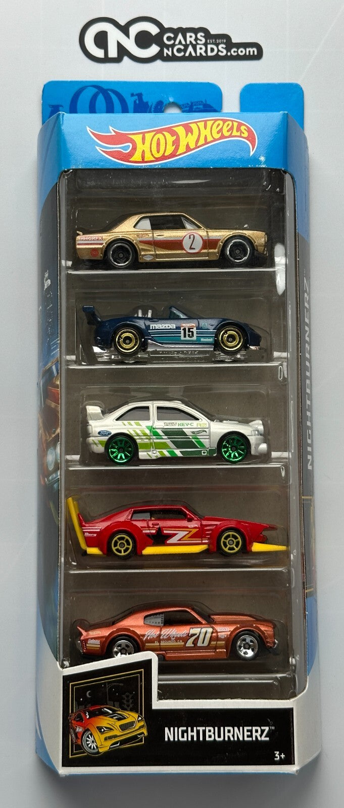 2018 Hot Wheels Nightburnerz 5 Pack Nissan Skyline/Mad Manga/Ford Escort/Miata