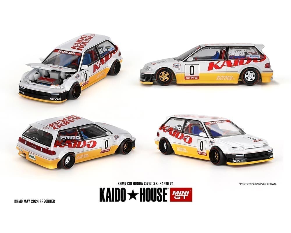 Kaido House x Mini GT 1:64 Honda Civic (EF) Kanjo V1 – White/Yellow Sealed