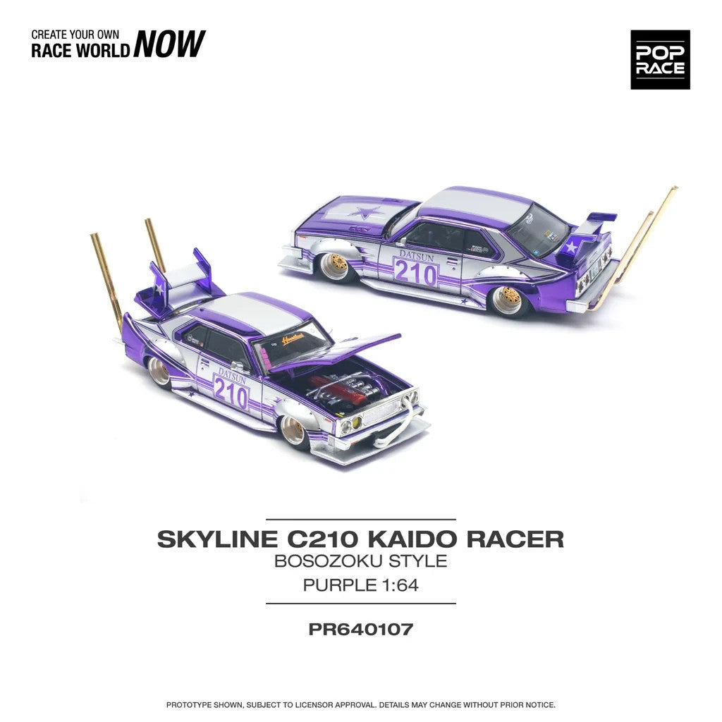 POPRACE 1:64 SKYLINE C210 KAIDO RACER (BOSOZOKU STYLE) PURPLE CHROME/SILVER PR64