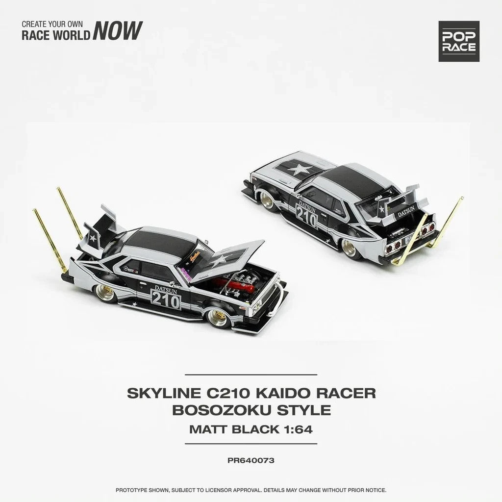 POPRACE 1:64 Skyline C210 Kaido Racer - Bosozoku Style Matt Black PR640073