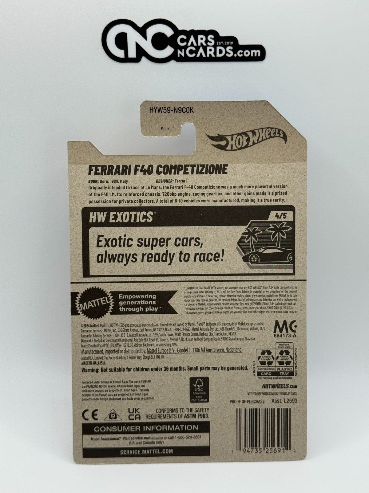 2025 Hot Wheels HW Exotics 4/5 Ferrari F40 Competizione With Protector