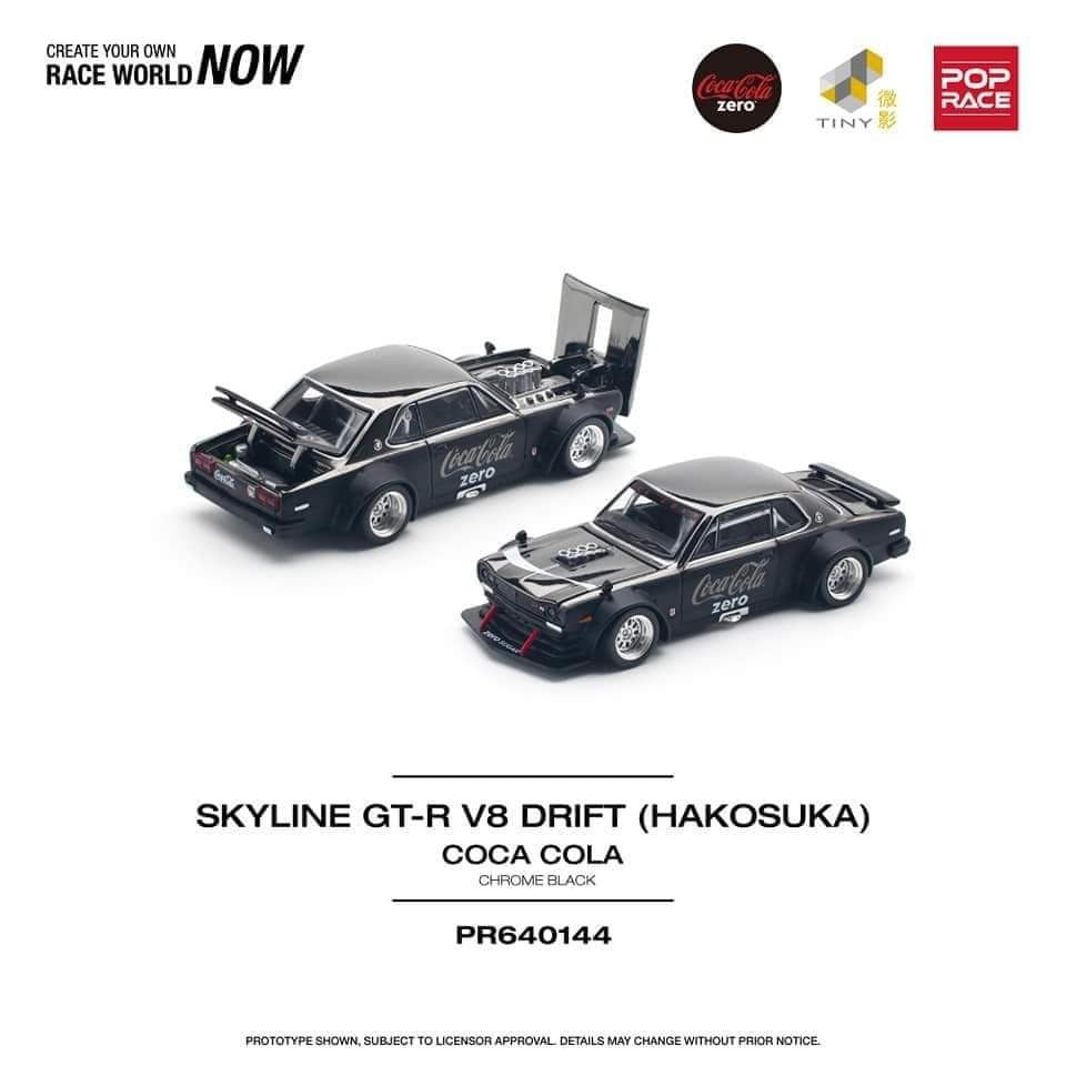 POPRACE 1:64 SKYLINE GT-R V8 DRIFT HAKOSUKA COCA COLA ZERO CHROME BLACK PR640144