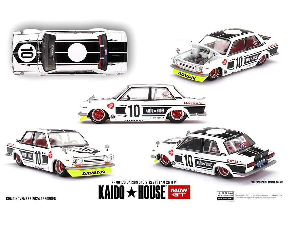 Kaido House x Mini GT 1:64 Datsun 510 Street Team XMM V1- White Sealed