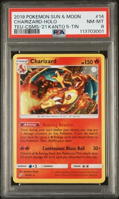 2019 POKEMON SUN & MOON TEAM UP #14 CHARIZARD-HOLO TEU-CSMS-'21 KANTO PSA 8