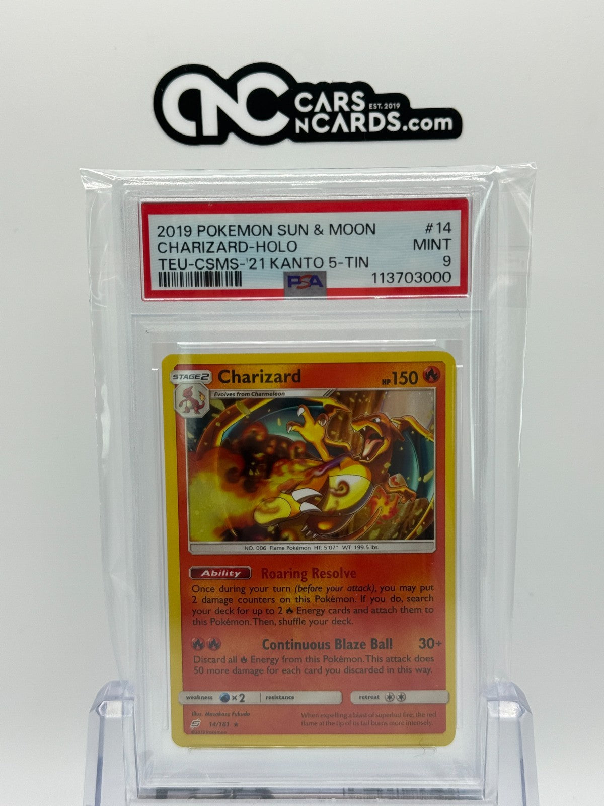 2019 POKEMON SUN & MOON TEAM UP #14 CHARIZARD-HOLO TEU-CSMS-'21 KANTO PSA 9
