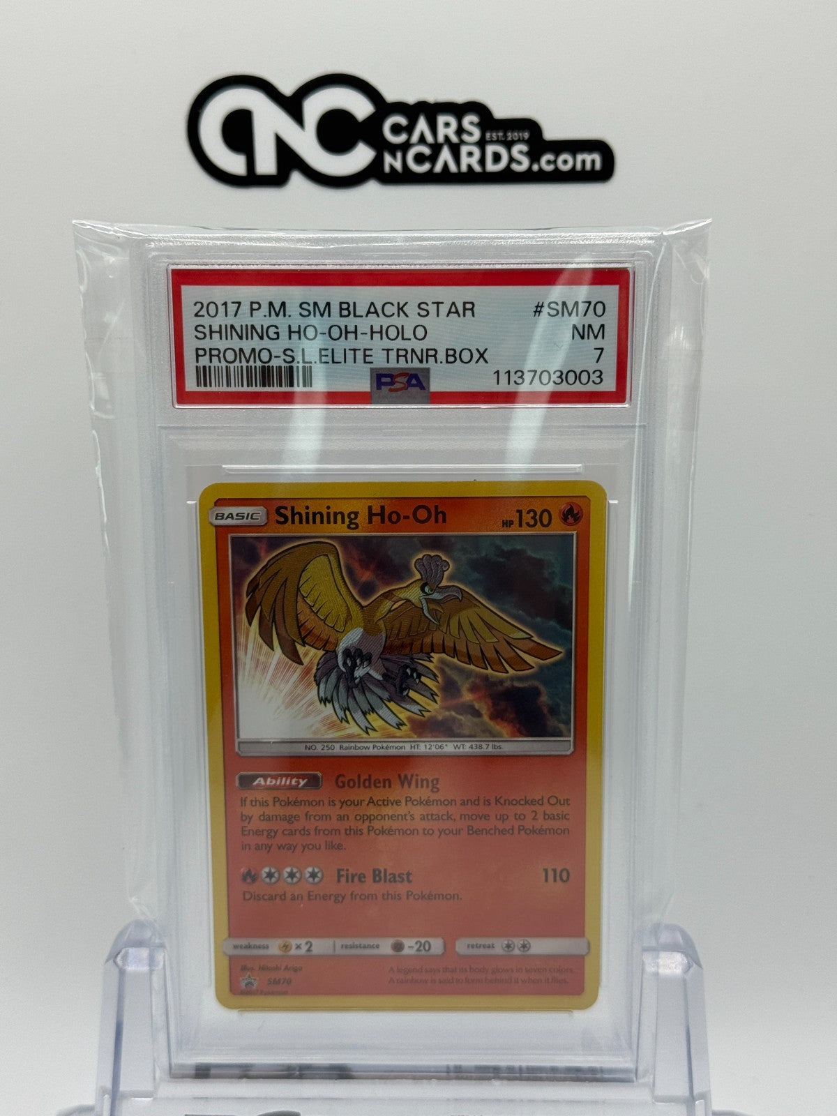 2017 POKEMON SM BLACK STAR PROMO #SM70 SHINING HO-OH-HOLO PROMO-S.L.ELITE PSA 7