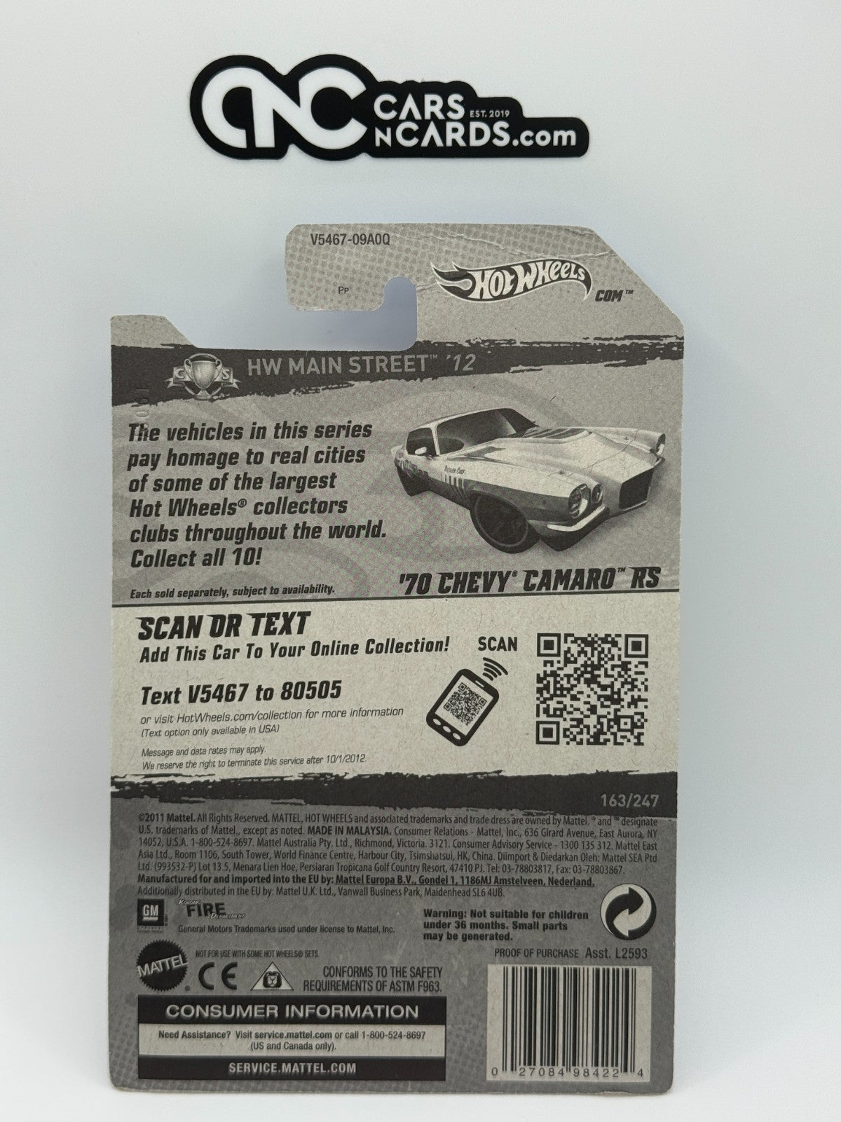 2012 Hot Wheels Factory Sealed '70 Chevy Camaro RS (Card Crease)