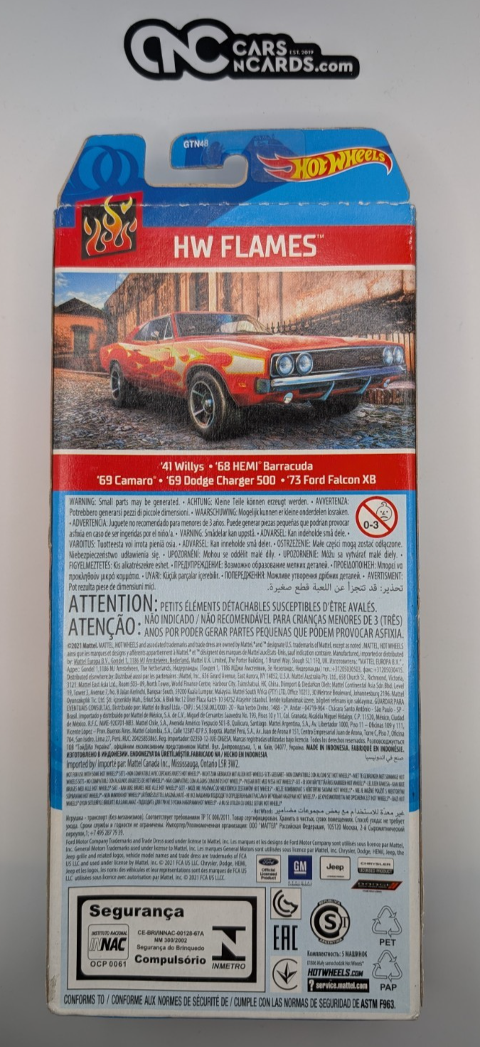 2021 Hot Wheels 5 Pack Flames '41 Willys/Barracuda/Camaro/Charger (Soft Corners)