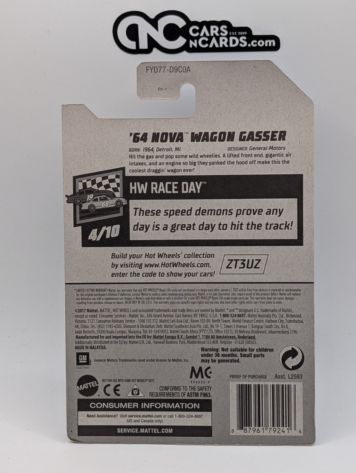 2019 Hot Wheels HW Race Day 4/10 '64 Nova Wagon Gasser Gray (Card Damage)