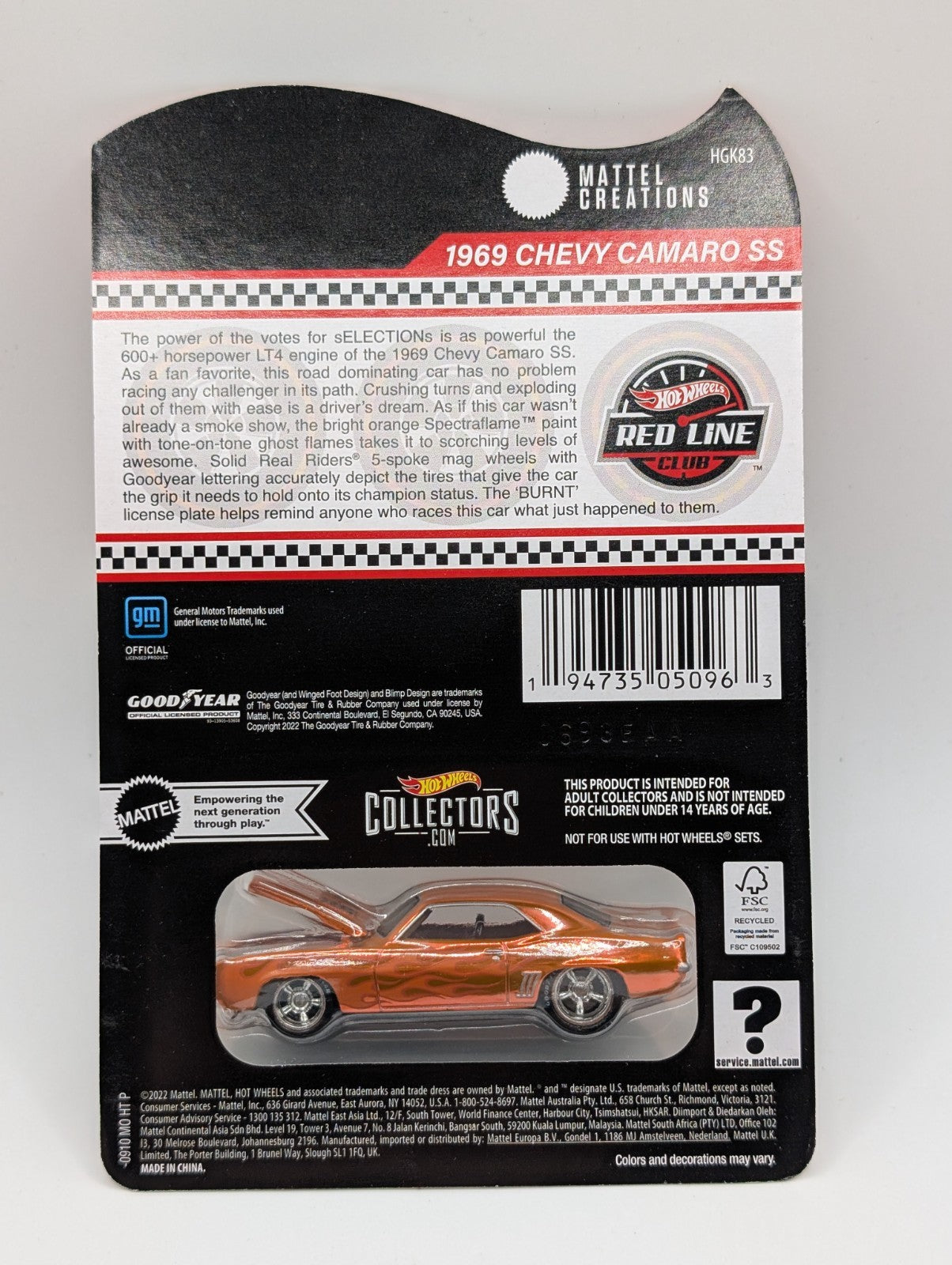 2022 Hot Wheels RLC sELECTIONs 1969 Chevy Camaro SS Orange (Card Crease)