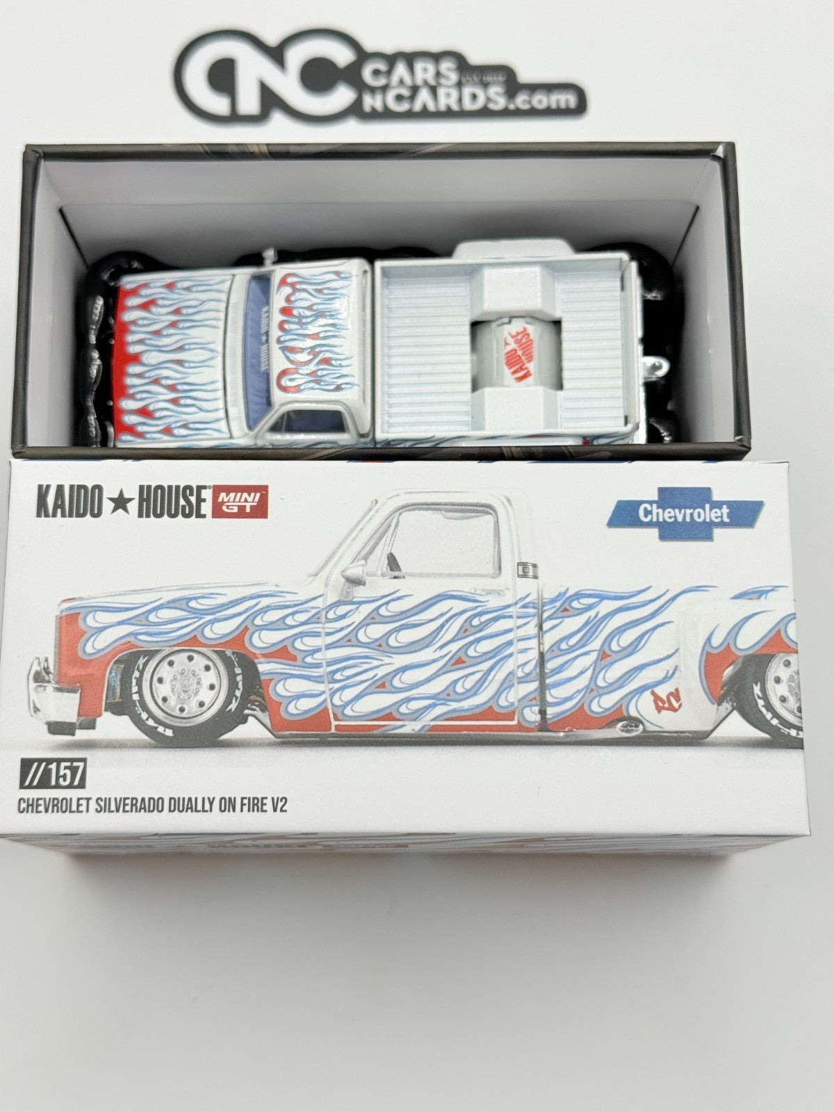 Kaido House x Mini GT 1:64 KHMG157 Chevrolet Silverado Dually on Fire Open Box