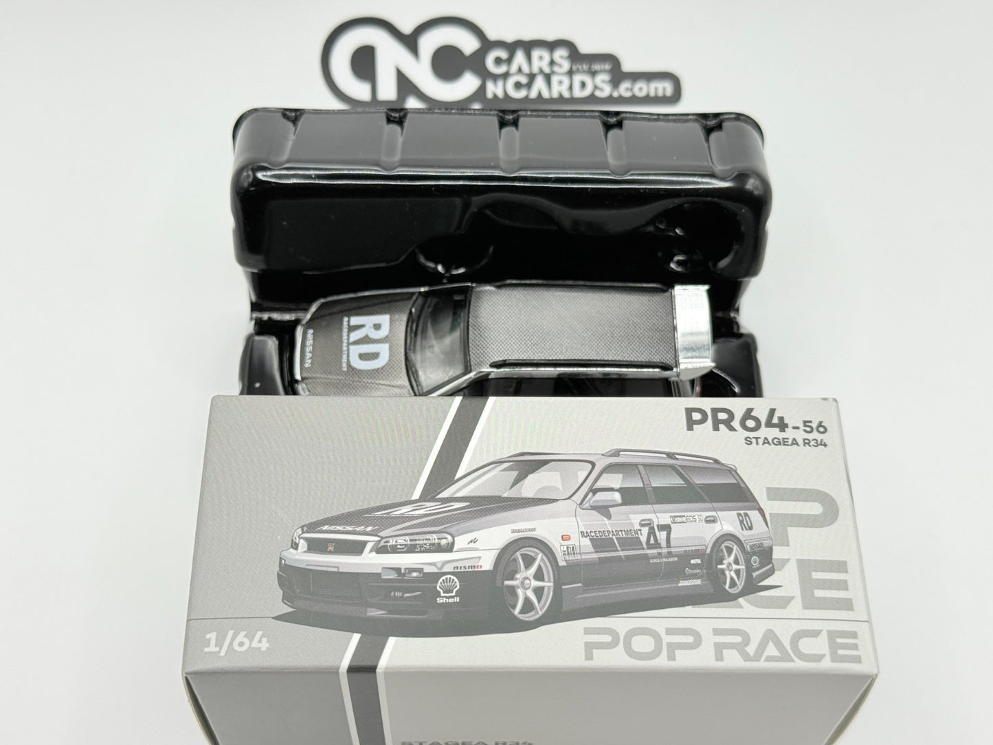 POPRACE PR640056 Stagea R34 Silver Chrome 1:64 Open Box