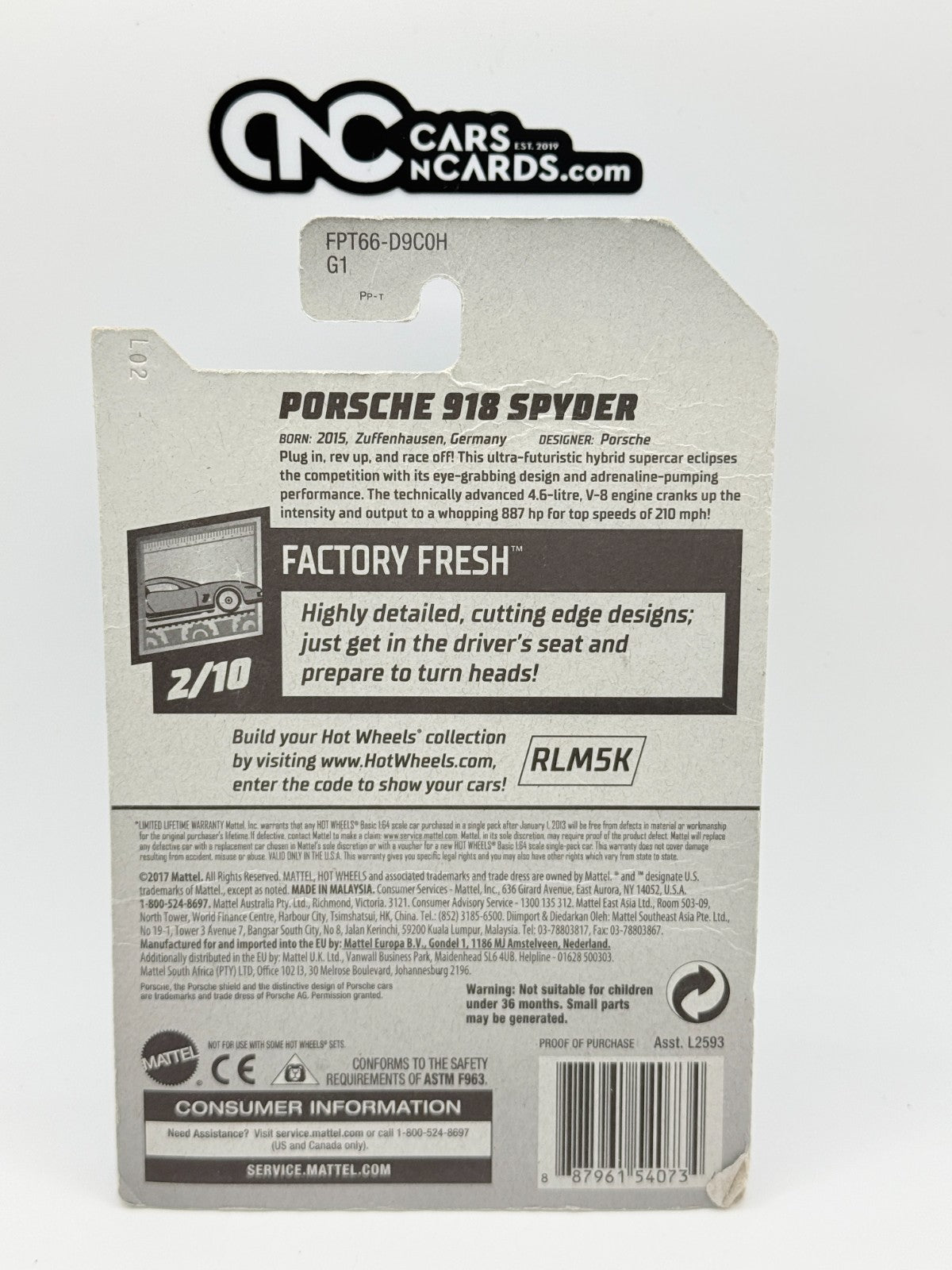 2018 Hot Wheels Factory Fresh 2/10 Porsche 918 Spyder Silver (Card Damage)