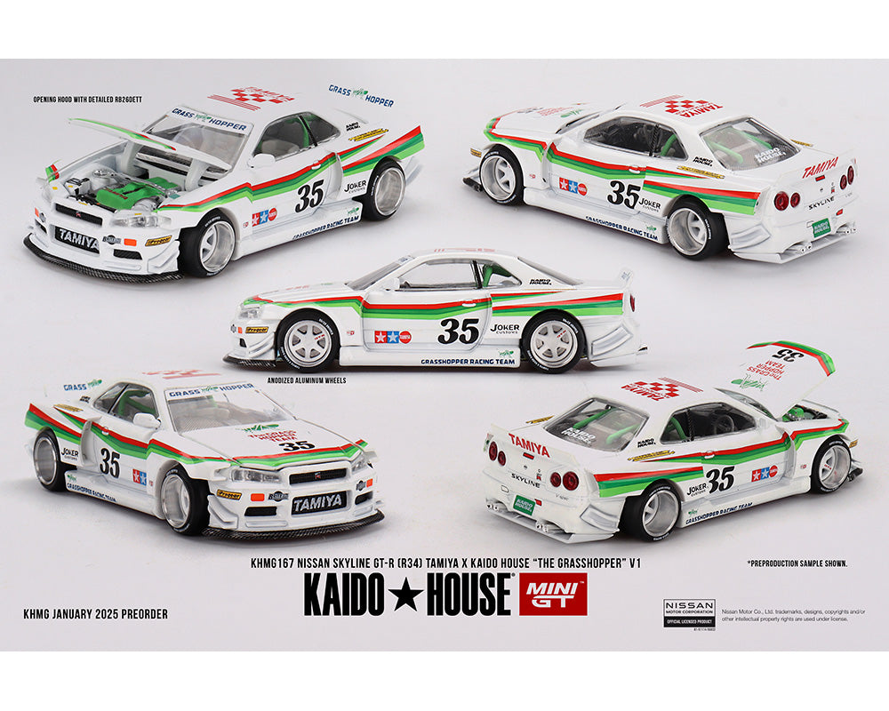 (PRE-ORDER) Kaido House x Mini GT 1:64 Nissan Skyline GT-R (R34) Tamiya X Kaido House “The Grasshopper” V1 – White *Chance of a Chase*