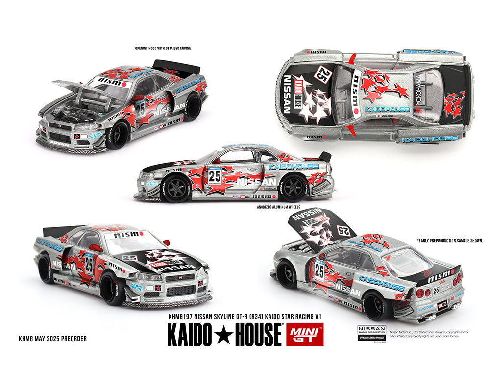 (PRE-ORDER) Kaido House x Mini GT 1:64 Nissan Skyline GT-R (R34) Kaido Star Racing V1- Silver *Chance of a Chase*