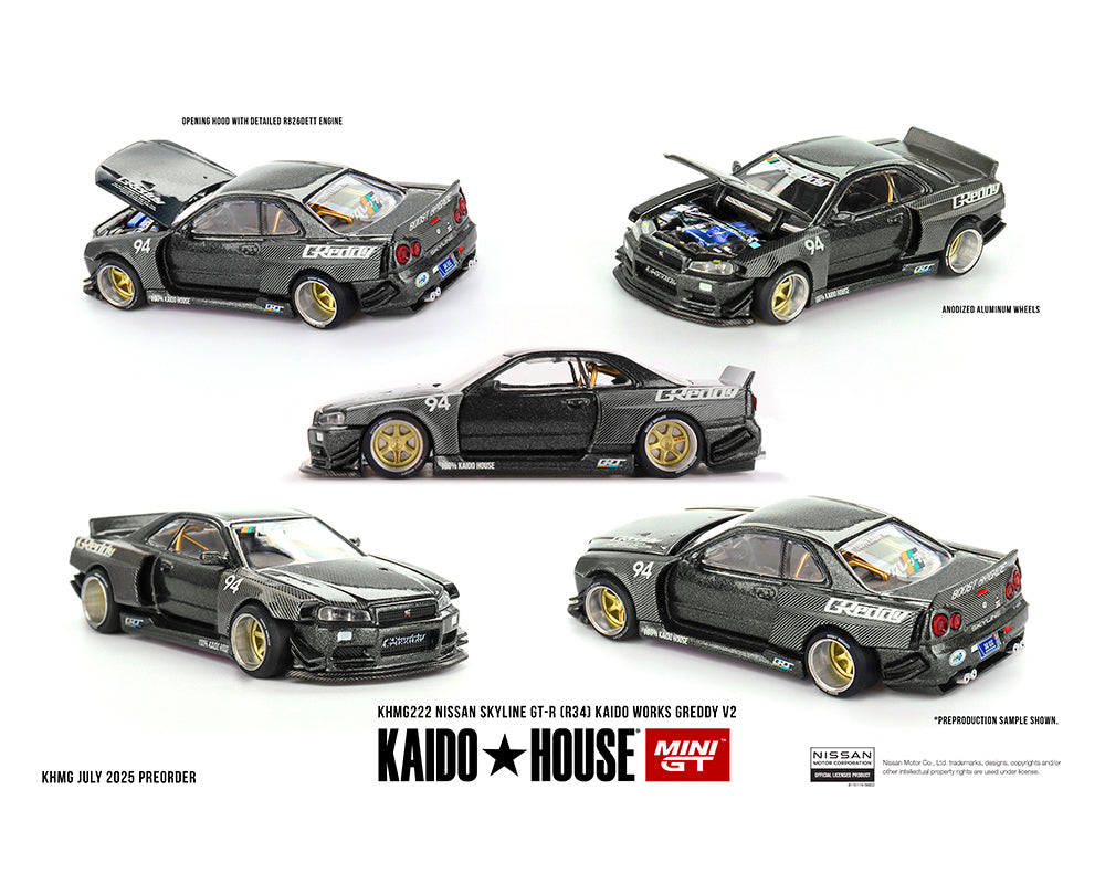 (PRE-ORDER) Kaido House x Mini GT 1:64 Nissan Skyline GT-R (R34) Kaido Works GReddy V2 – Black w/ Carbon *Chance of a Chase*