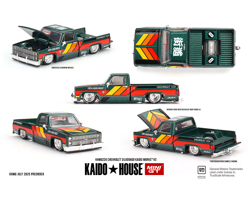 (PRE-ORDER) Kaido House x Mini GT 1:64 Chevrolet Silverado KAIDO WORKS V3 -Dark Green *Chance of a Chase*