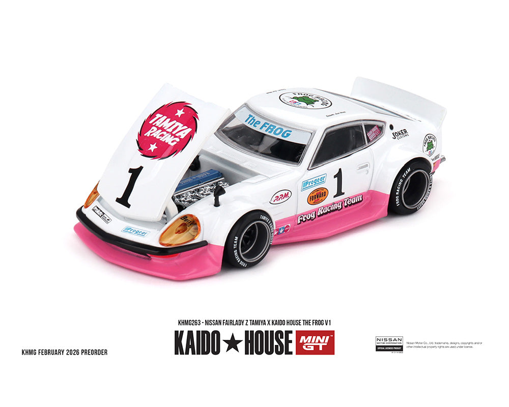 (PRE-ORDER) Kaido House x Mini GT 1:64 Nissan Fairlady Z Tamiya x Kaido House The Frog V1 – White/Pink *Chance of a Chase*