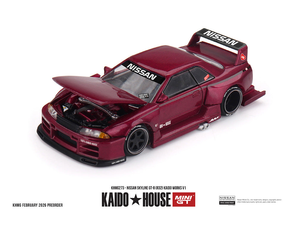 (PRE-ORDER) Kaido House x Mini GT 1:64 Nissan Skyline GT-R (R32) Kaido Works V1 – Burgundy Red *Chance of a Chase*