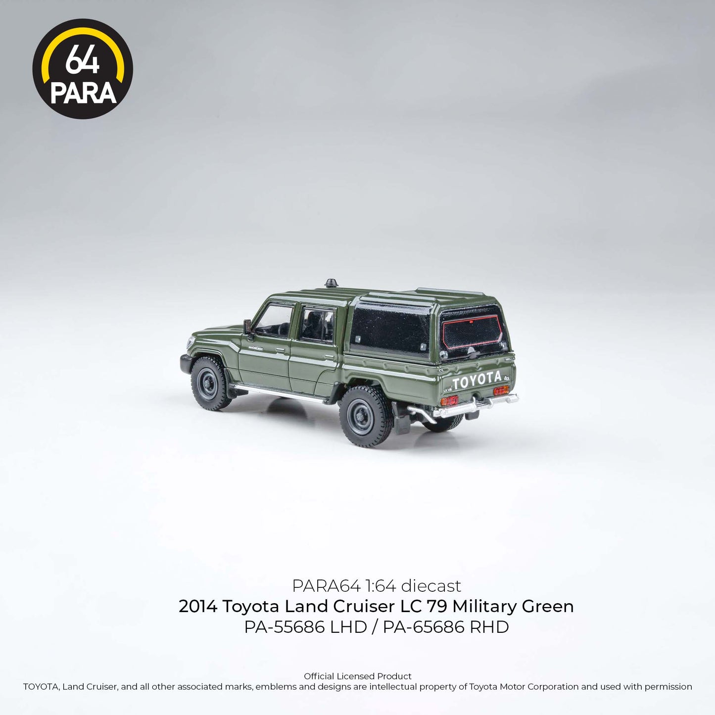 (PRE-ORDER) PARA64 1:64 2014 Toyota Land Cruiser Dbl Cab Pickup LC79 Military Green PA-55686