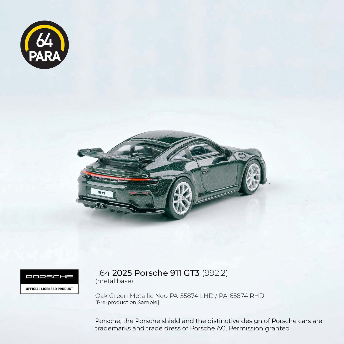 (PRE-ORDER) PARA64 1:64 2025 Porsche 911 GT3 (992.2) Oak Green Metallic Neo w/ photo etch wheels LHD