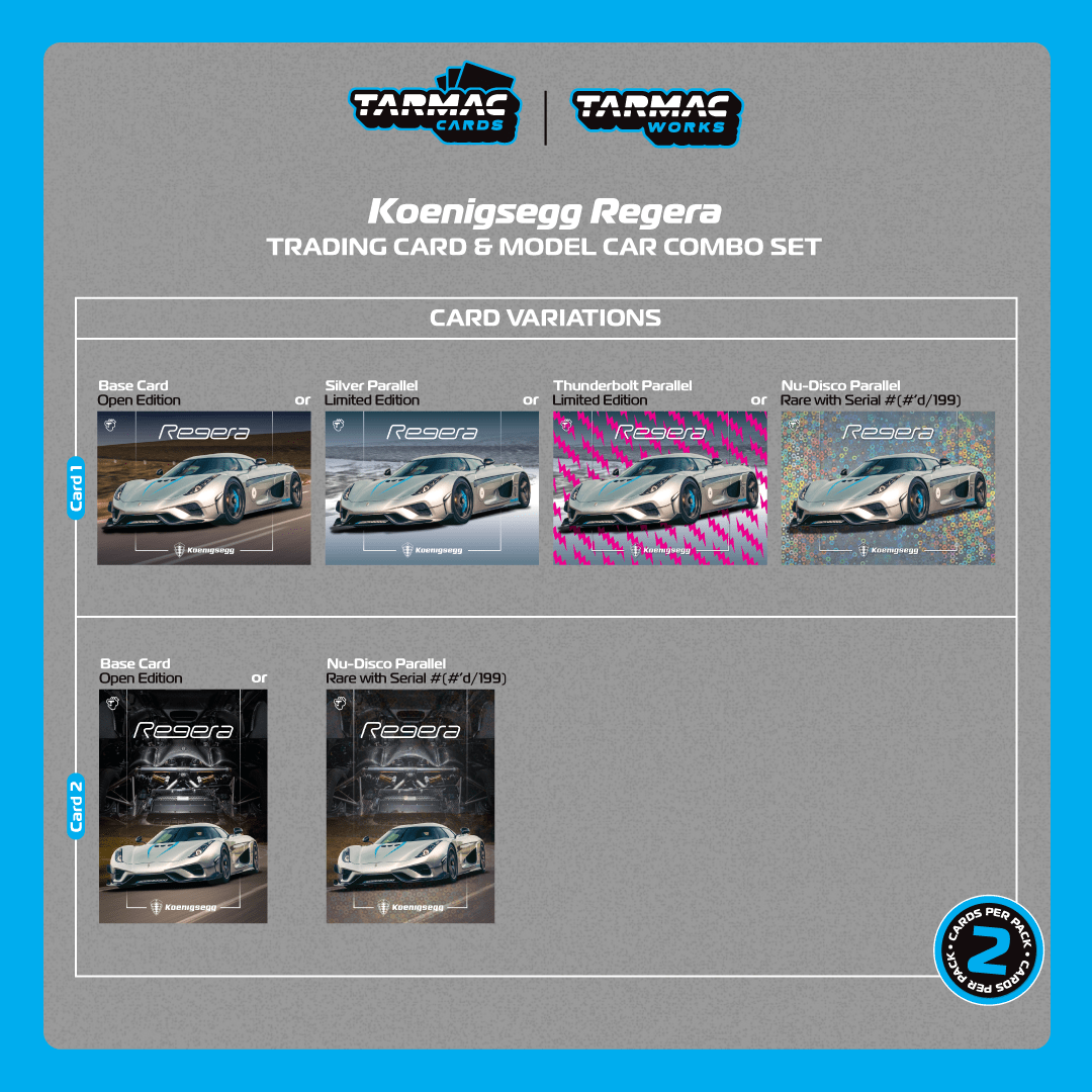 (PRE-ORDER) TARMAC WORKS GLOBAL64 1:64 Koenigsegg Regera Silver Metallic / Blue Accents Model Car + Trading Cards Combo Set T64G-TL017-SL