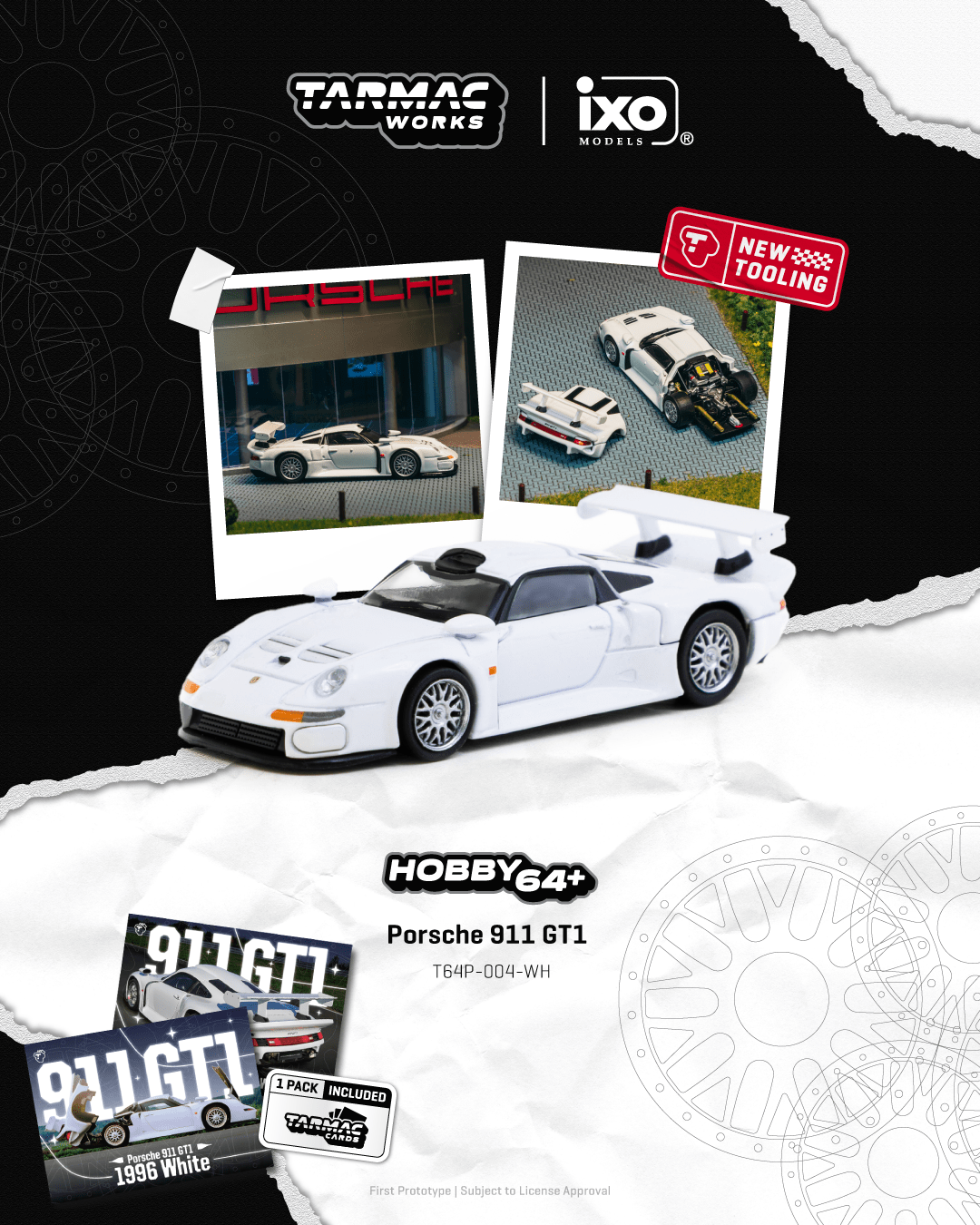 (PRE-ORDER) TARMAC WORKS HOBBY64+ 1:64 Porsche 911 GT1 White Model Car + Trading Cards Combo Set T64P-004-WH