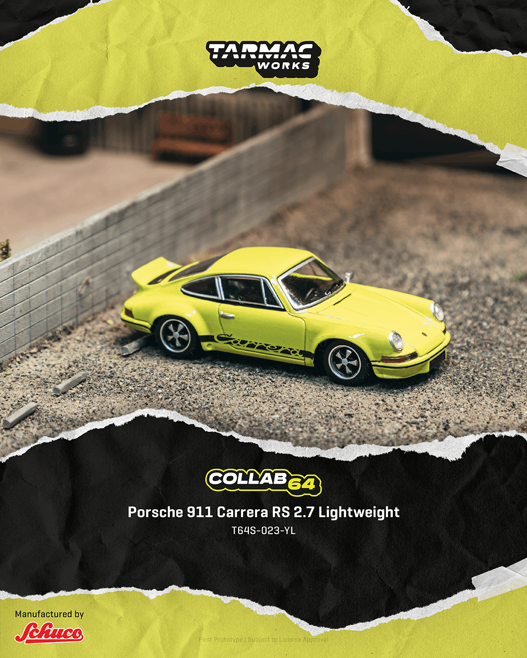 (PRE-ORDER) Tarmac Works COLLAB64 1:64 Porsche 911 Carrera RS 2.7 Lightweight Yellow T64S-023-YL