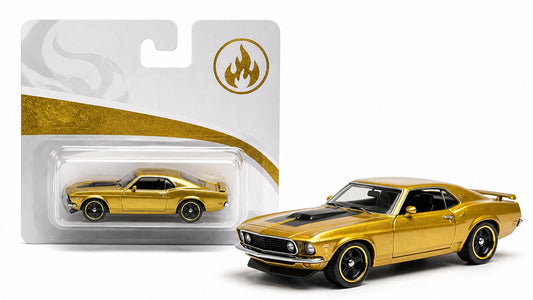 Gold die-cast muscle car and collector card styled as a Super Treasure Hunt display