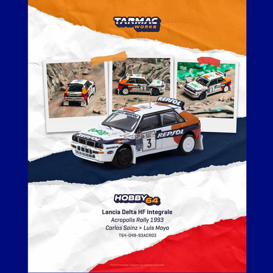 (PRE-ORDER) Tarmac Works HOBBY64 1:64 Lancia Delta HF Integrale Acropolis Rally 1993 Carlos Sainz / Luis Moya T64-049-93ACR03
