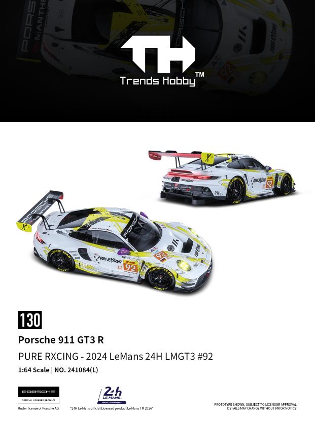 (PRE-ORDER) Trends Hobby 1:64 Porsche 911 GT3 R PURE RXCING - LeMans 24H 2024 LMGT3 #92 241084(L)