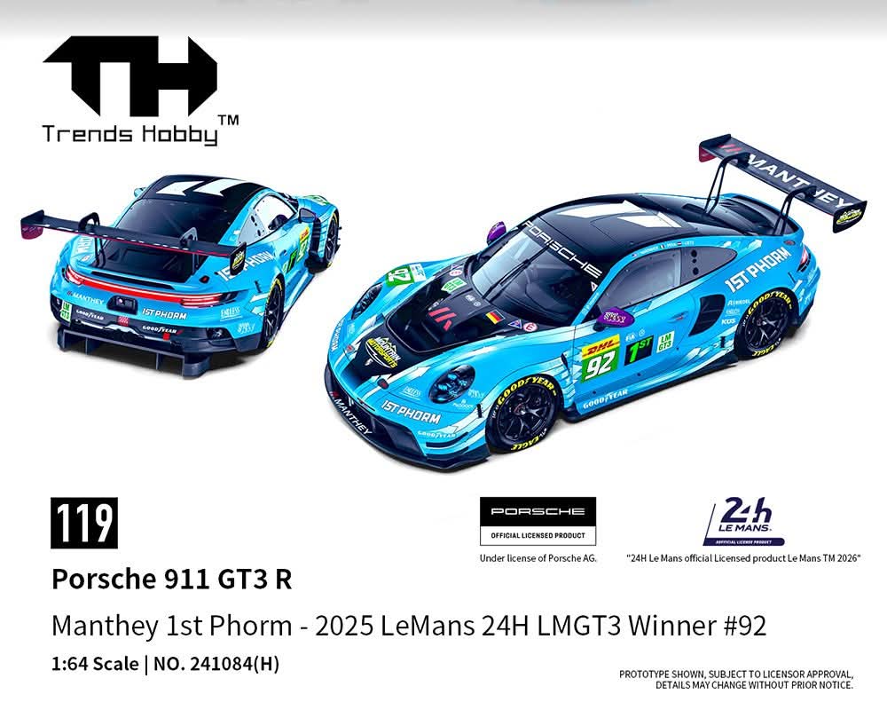 (PRE-ORDER) Trends Hobby 1:64 Porsche 911 GT3 R - LeMans 24H 2025 #92 241084(H)