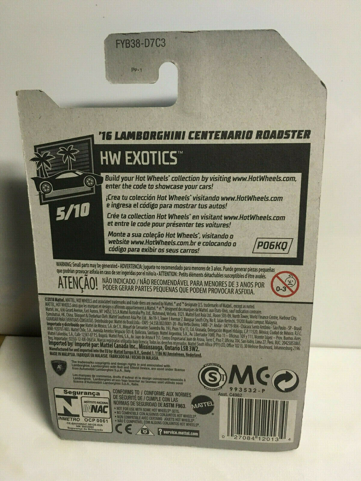 2019 Hot Wheels LAMBORGHINI Centenario Roadster (Soft Corners/Cracked Blister)