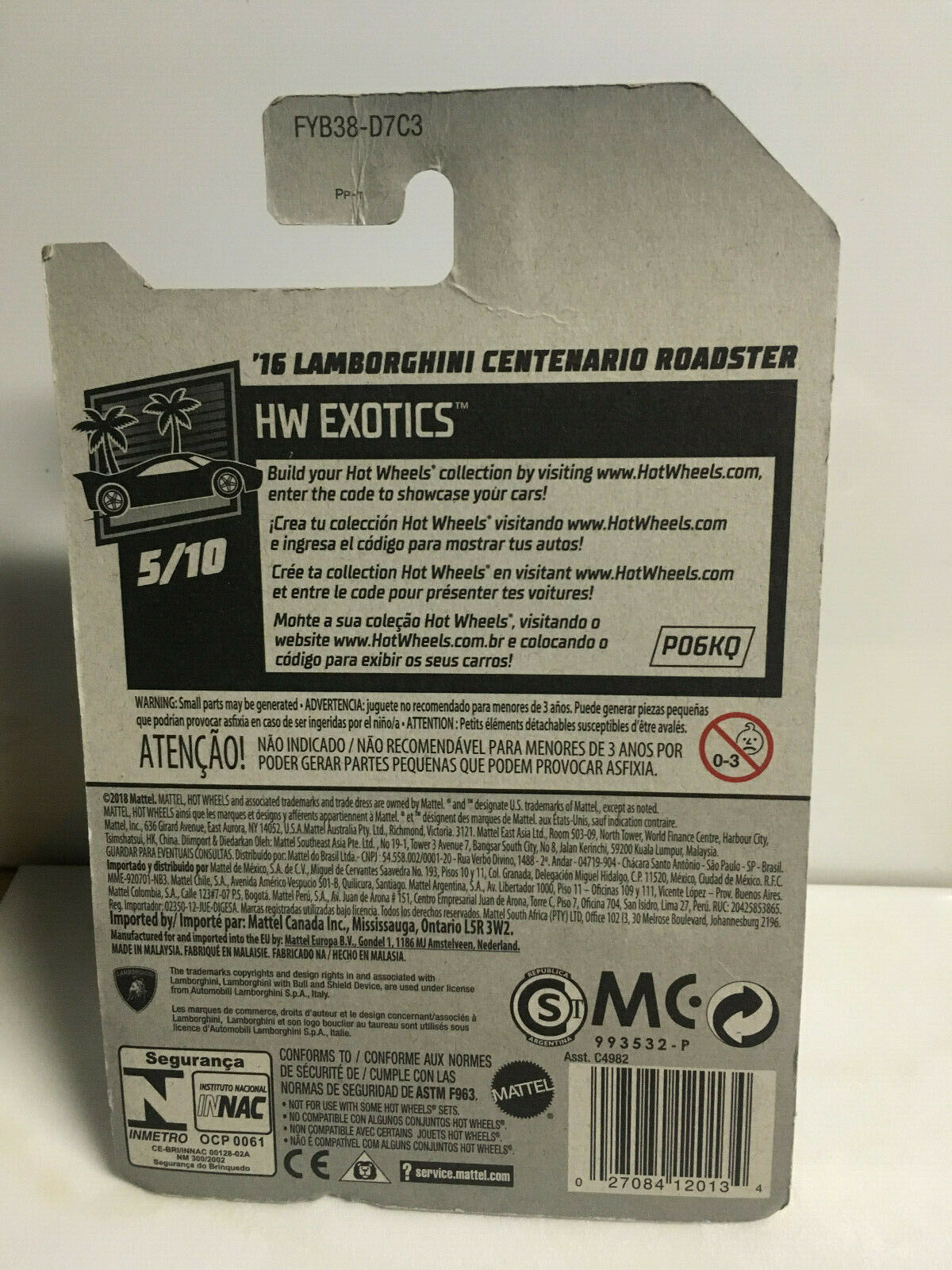 2019 Hot Wheels LAMBORGHINI Centenario Roadster (Soft Corners/Cracked Blister)