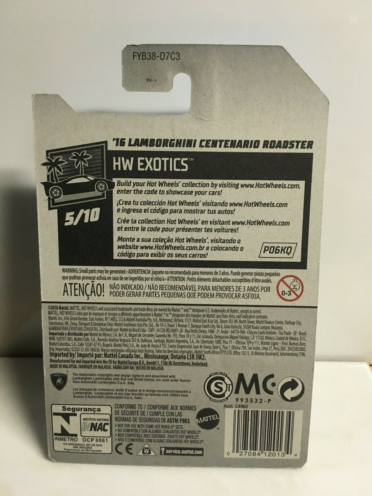 2019 Hot Wheels LAMBORGHINI Centenario Roadster (Soft Corners/Cracked Blister)