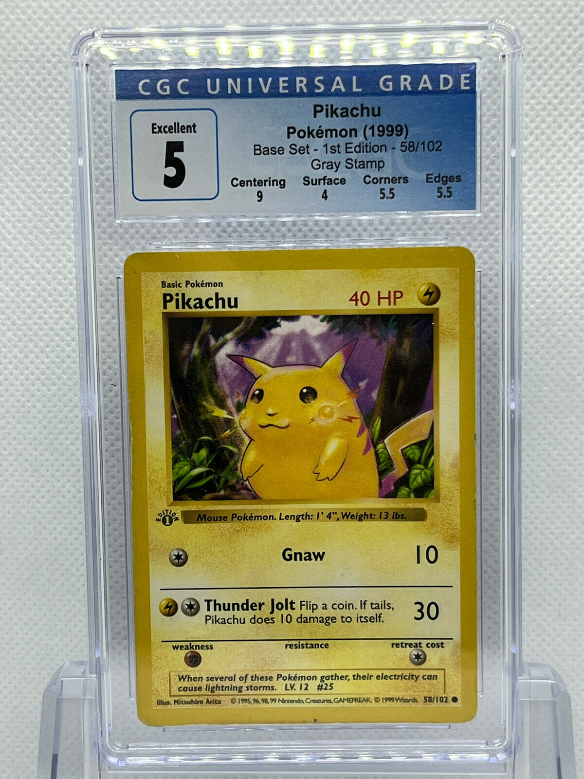 Pokémon 1999 Pikachu Base Set 1st Edition Gray Stamp CGC 5 EX 58/102