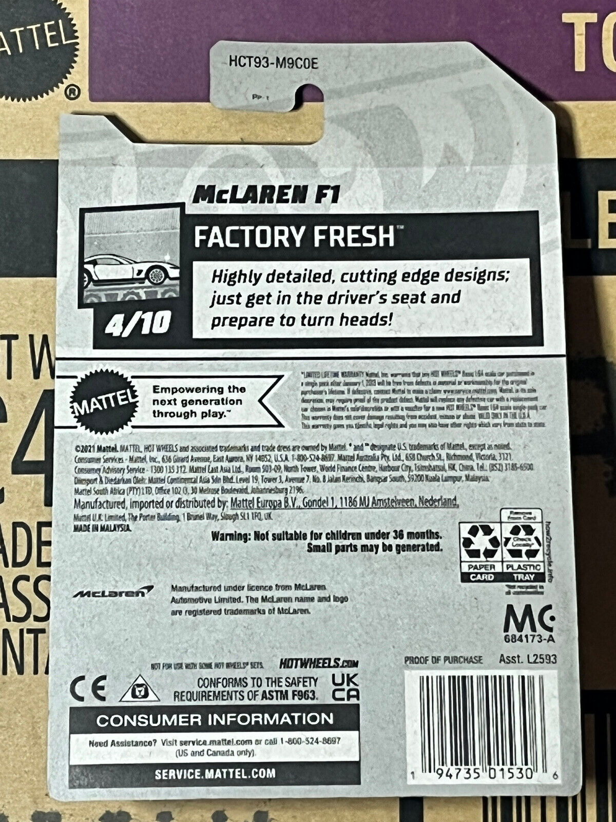 2022 Hot Wheels HW Factory Fresh #4/10 McLaren F1 Black #24/250 (Soft Corners)