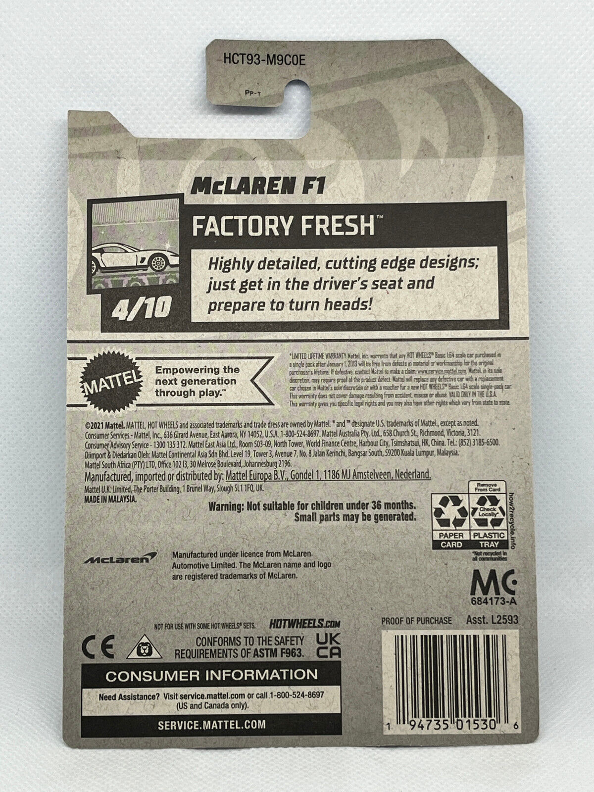2022 Hot Wheels HW Factory Fresh #4/10 McLaren F1 Black #24/250 (Soft Corners)