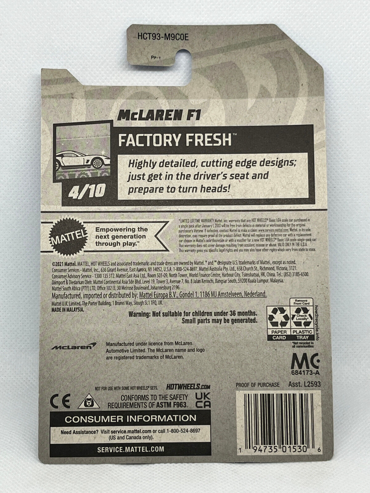 2022 Hot Wheels HW Factory Fresh #4/10 McLaren F1 Black #24/250 (Soft Corners)