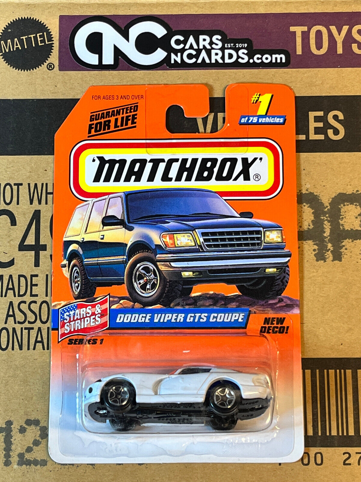 1998 Matchbox Stars & Stripes Dodge Viper GTS Coupe Series 1 White and Blue NIP