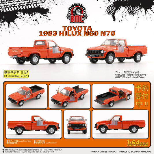 (PRE-ORDER) BMC 1:64 Toyota 1983 Hilux N60, N70 Orange RHD