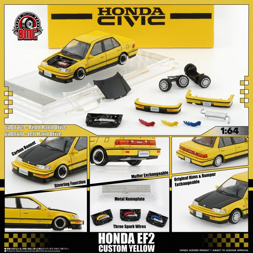(PRE-ORDER) BM Creations 1:64 HONDA CIVIC EF2 1991 - Custom Yellow with Black Bonnet LHD 64B0470